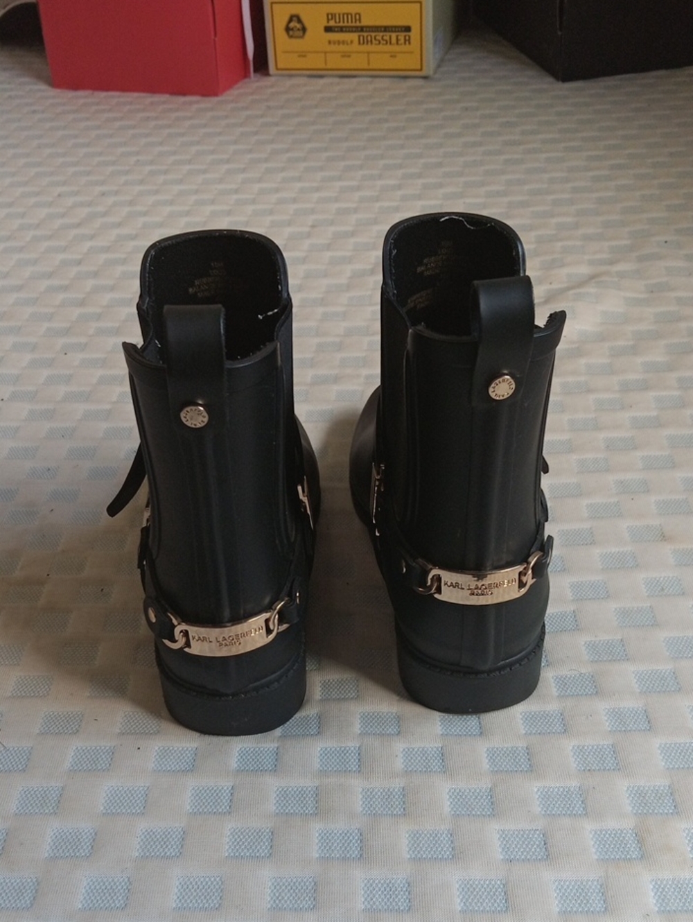 Karl Lagerfeld Black Ankle Boots with Gold Plaque Accent